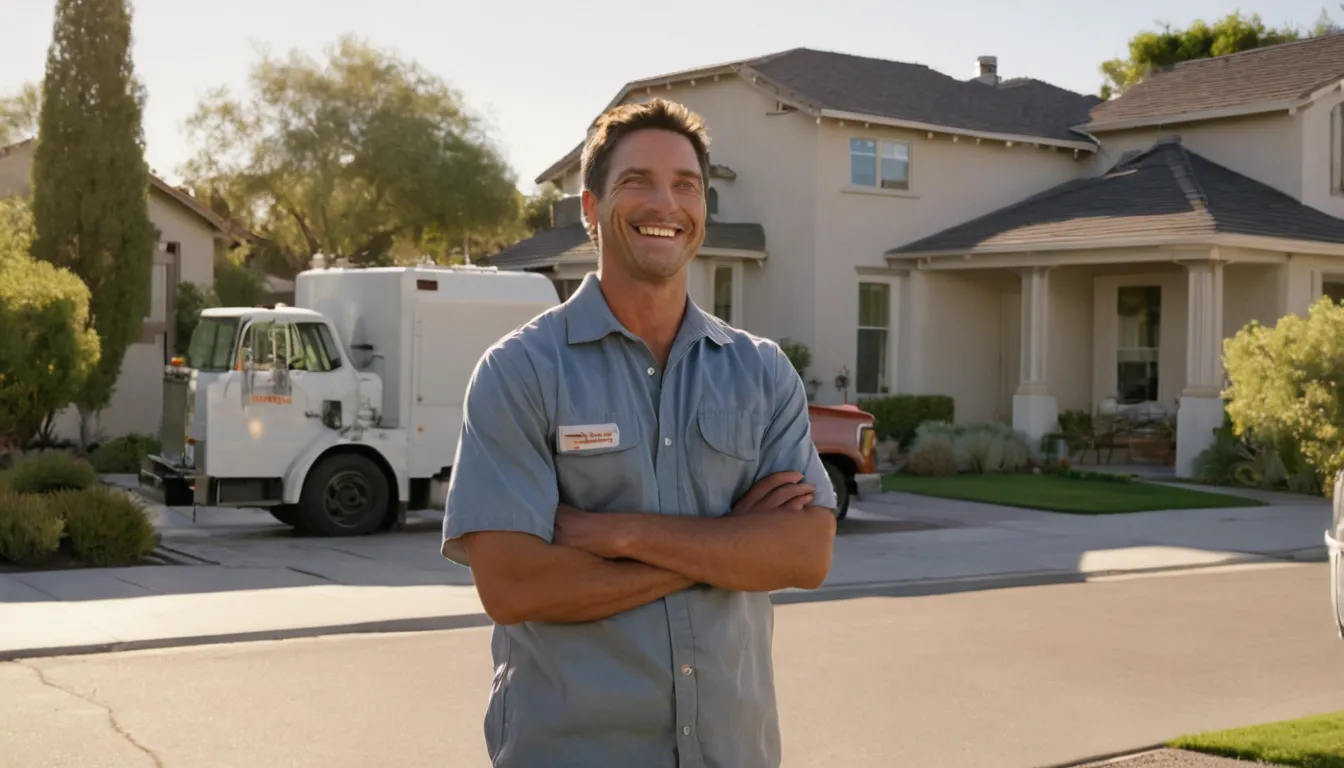 Friendly septic provider speaking with a homeowner in front of a stucco ranch home in Irvine
