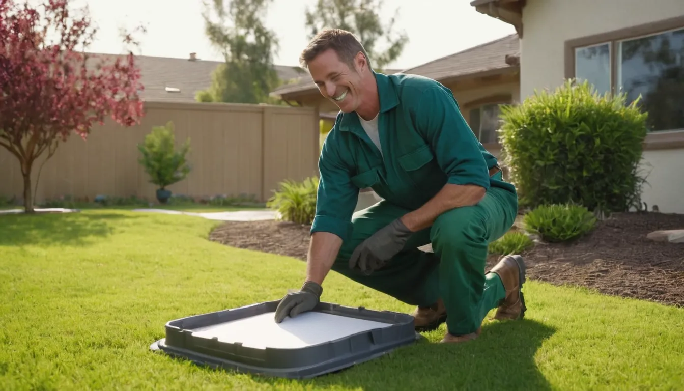 A friendly local provider and a homeowner reviewing a septic tank access lid in a yard in Irvine