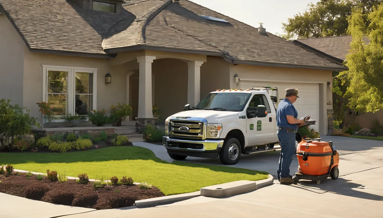 A friendly septic provider and a homeowner talking beside a pumping truck outside a stucco ranch home in Irvine